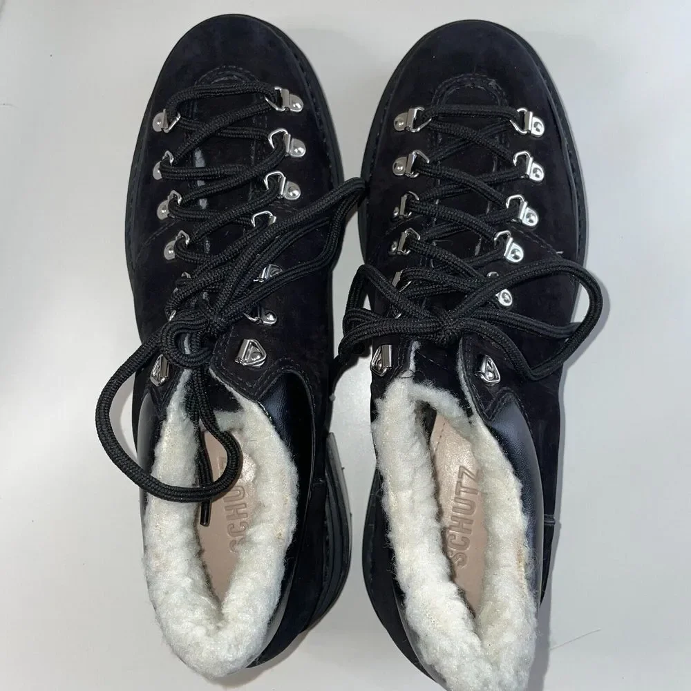 NEW Schutz Lug Boot Faux Shearling Suede Ankle  9.5 Lucille Chunky Black Lace Up